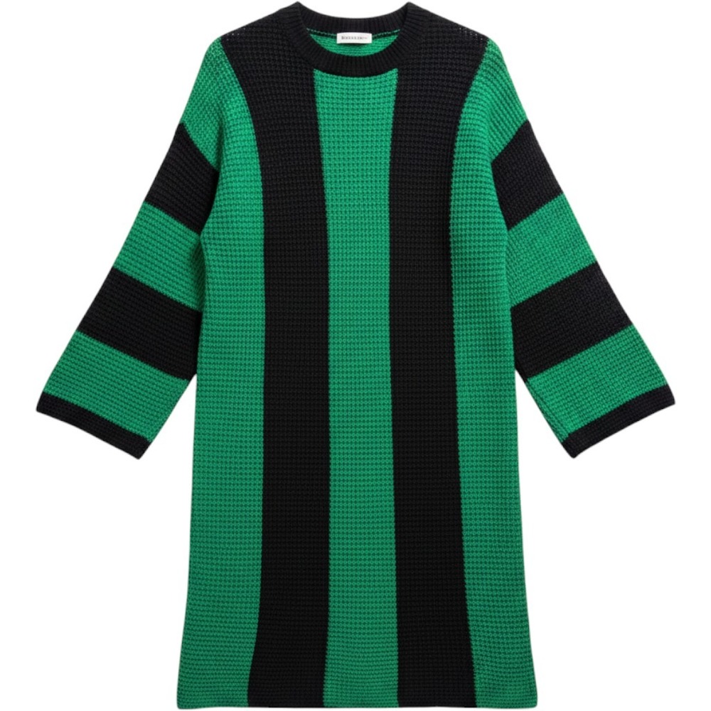 Green Black Striped Waffle Knit Sweater Dress Swimsuit Cover up Mid-Length